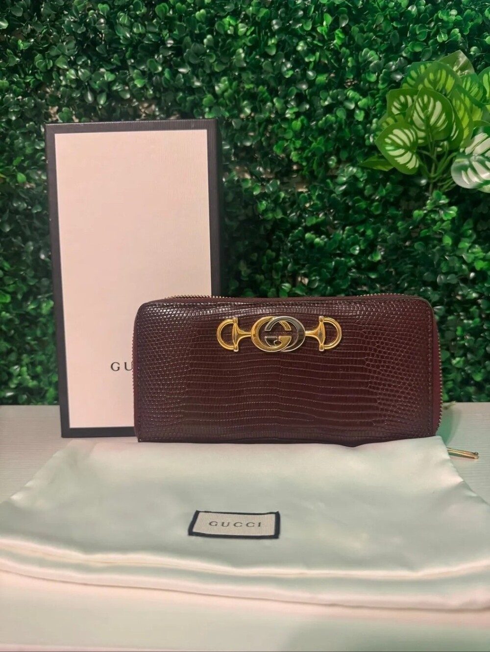 Gucci Burgundy Lizard-Embossed Zip Around Wallet with Gold Hardware